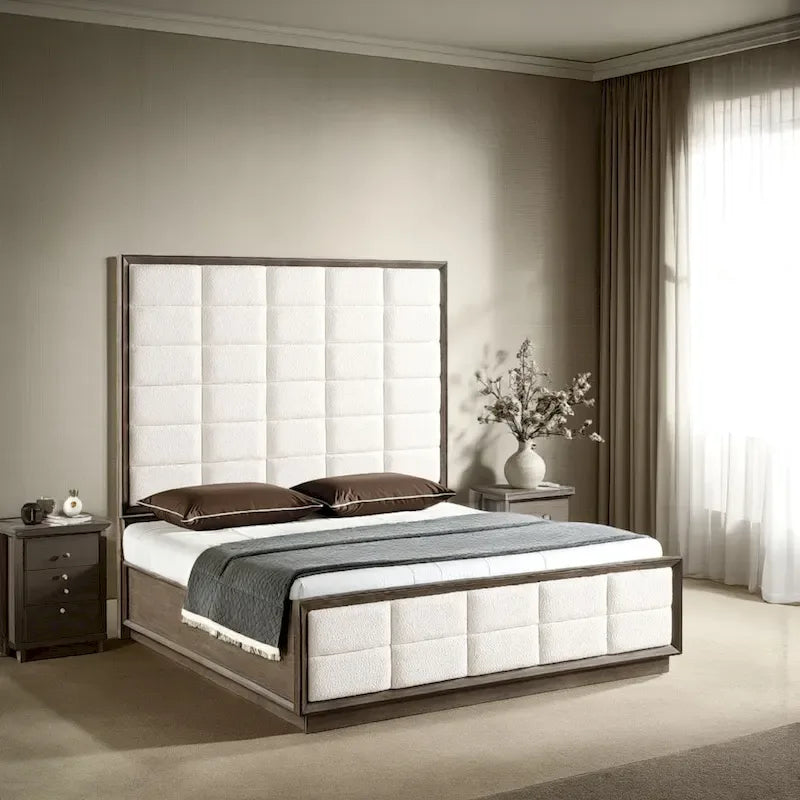 King Size Bed, Grid Tufted Headboard, Ivory Upholstery, Oak Brown