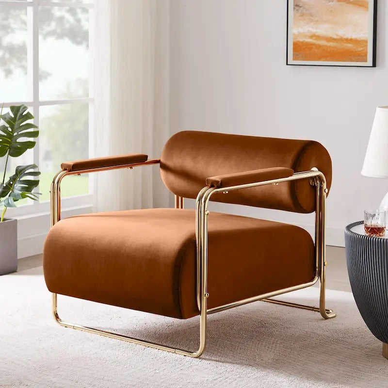 31  Wide Velvet Accent Armchair with Cylindrical Backrest and Gold Metal Frame