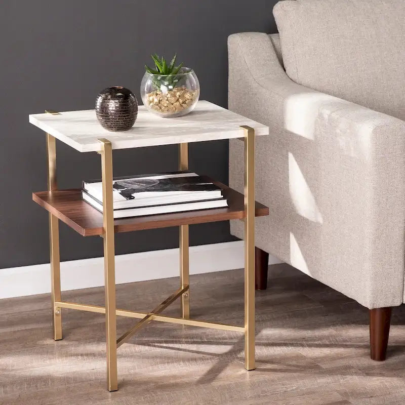 Square Faux Marble Side Table with Storage Shelf