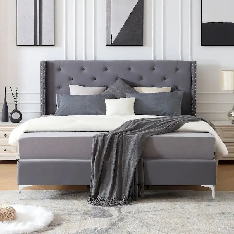 Queen Size Velvet Upholstered Platform Bed Frame with 6 inches Metal Legs