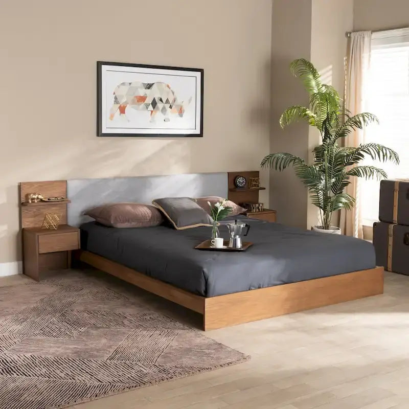 Modern Platform Storage Bed with Built-In Nightstands (Queen)