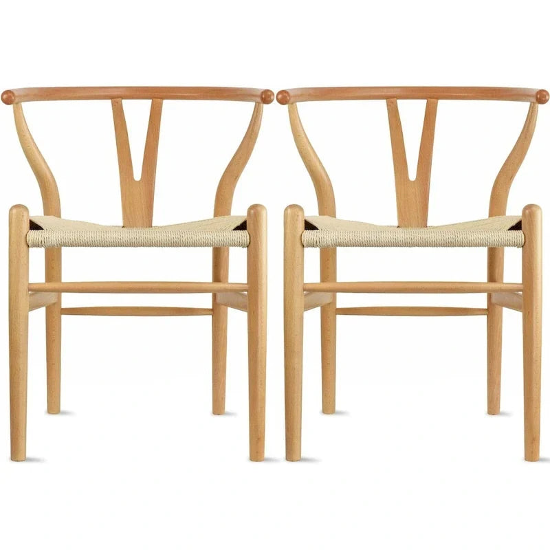 Set of 2 Natural Modern Wood Dining Chair With Back Y Arm Armchair Hemp Seat Home Restaurant Office Desk Work Kitchen