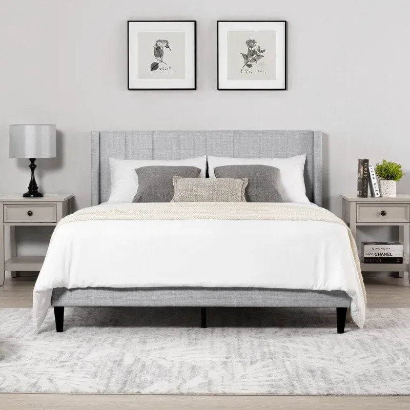 Upholstered Platform Bed Frame with Vertical Stripe Headboard
