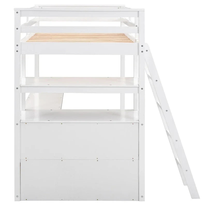 White Modern Pine Wood Loft Bed with Desk, Shelves, and Two Built-in Drawers