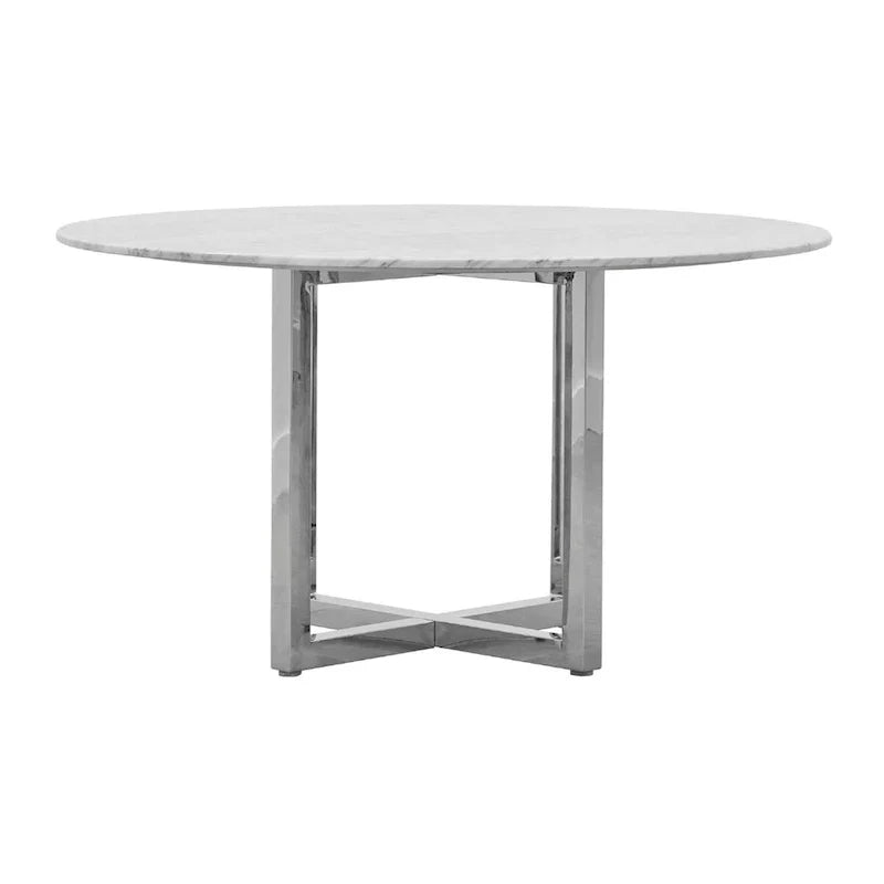 48 Inch Round Dining Table with Marble Top, Cross Base, Chrome