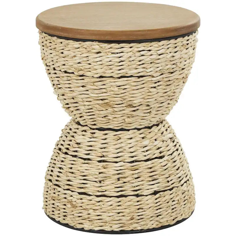 Rattan Handmade Woven Side End Accent Table with Wood Tabletop and Black Frame - Light Brown or Brown